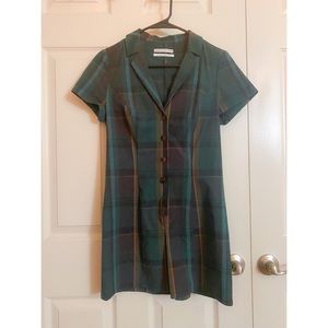 Green/gold plaid mini romper with buttons
